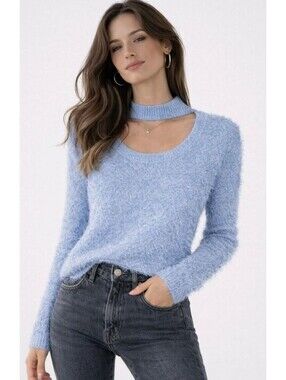 G by Giuliana Fuzzy Knit Scoop Cut Out Mock Neck Sweater Blue Size 1X